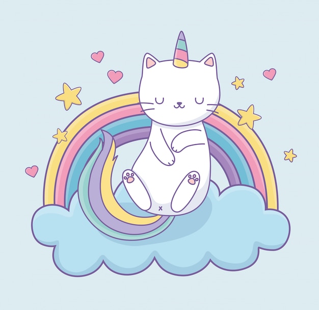 雲の上の虹の尾を持つかわいい猫かわいいキャラクター プレミアムベクター