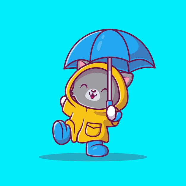 レインコートと傘の漫画アイコンイラストのかわいい猫 分離された動物アイコンコンセプト フラット漫画スタイル プレミアムベクター