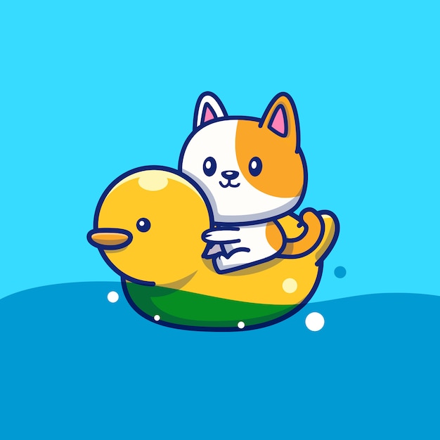 水泳リングアヒルアイコンイラストかわいい猫 分離された動物夏アイコンコンセプト フラット漫画スタイル プレミアムベクター