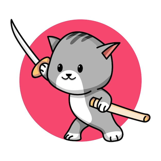 剣漫画イラストとかわいい猫 プレミアムベクター