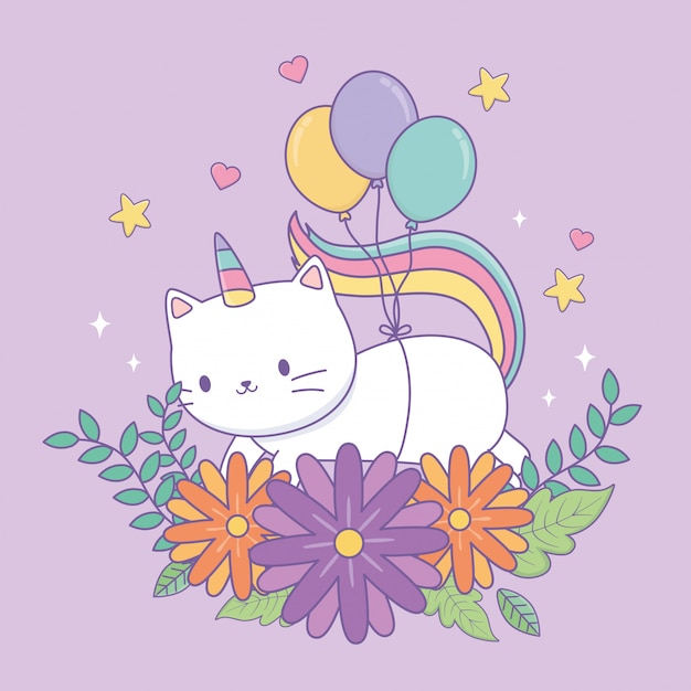 Premium Vector | Cute caticorn with floral decoration and balloons helium