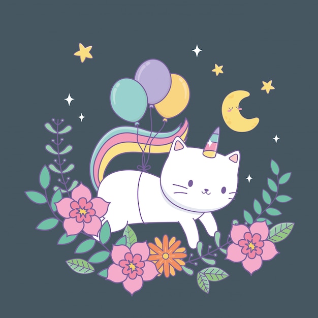 Premium Vector | Cute caticorn with floral decoration at night