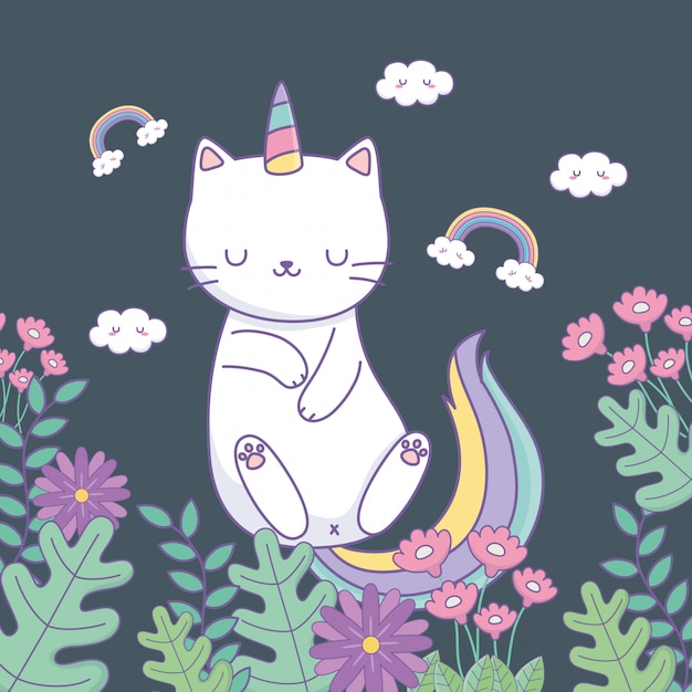 Cute caticorn with floral decoration Vector | Premium Download