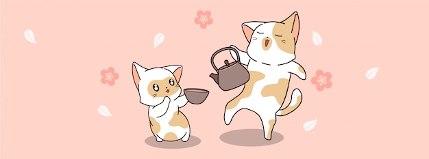 かわいい猫はお茶の時間を飲んでいます プレミアムベクター