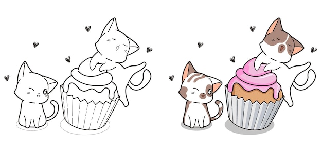 Premium Vector | Cute cats and cup cake cartoon coloring page
