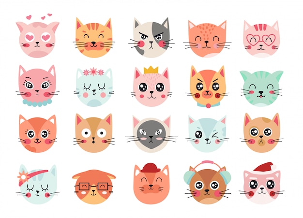 プレミアムベクター かわいい猫の顔 猫は顔文字 子猫の顔 の表情に向かいます 幸せな笑顔 悲しい 怒っているとウインク猫のイラスト 動物の感情と感情を設定します 漫画のキャラクターの絵文字