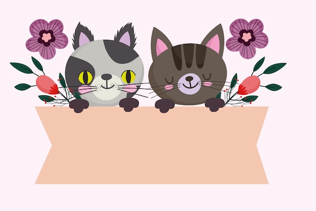花のバナー ペットの漫画イラストとかわいい猫猫の動物 プレミアムベクター