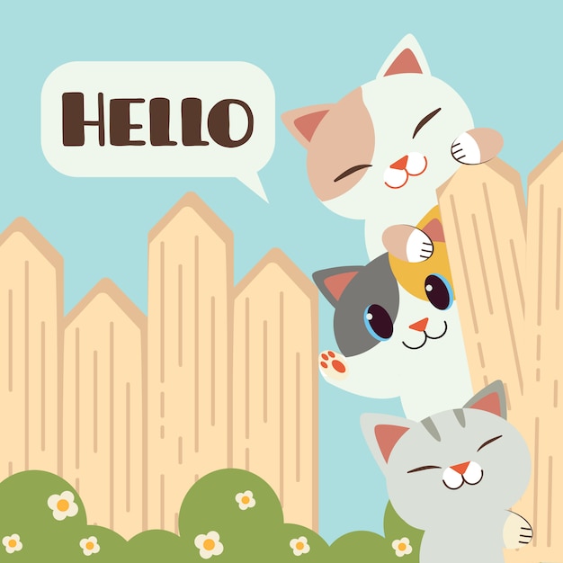 こんにちはイラストを言ってフェンスの上のかわいい猫 プレミアムベクター