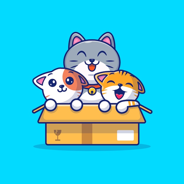 Cute cats play in box cartoon icon illustration. animal icon concept