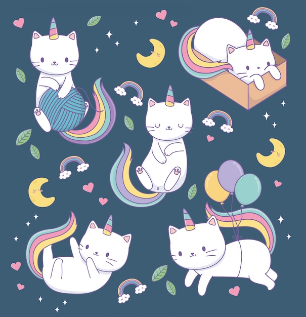 虹の尾のかわいい猫とかわいいキャラクター プレミアムベクター