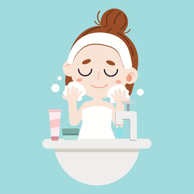 Premium Vector | A cute character cartoon girl washing face on blue  background.