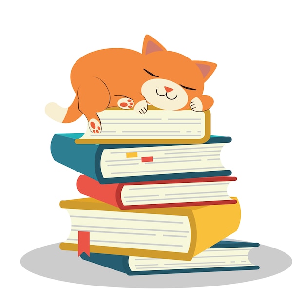 Premium Vector The Cute Character Of Cat Sleeping On Pile Of Book