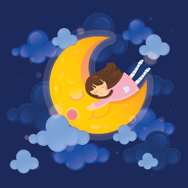 かわいいキャライラスト 暗い空に月を持つ少女 プレミアムベクター