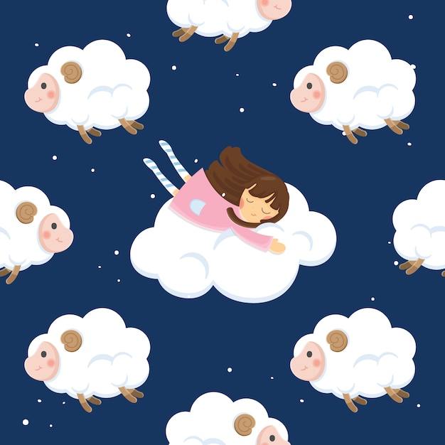 かわいいキャライラスト 暗い空に羊を持つ少女 プレミアムベクター