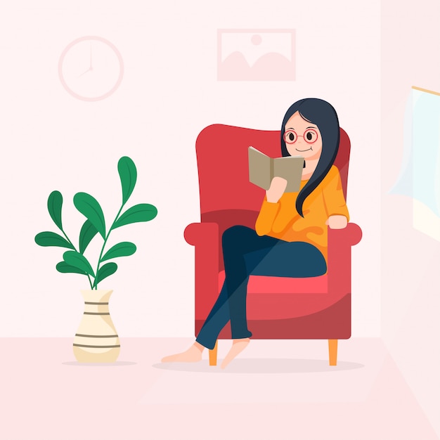 Premium Vector | Cute character illustration sitting reading a book on the  sofa , concept staying at home or working at home to protect yourself from  coronavirus ,