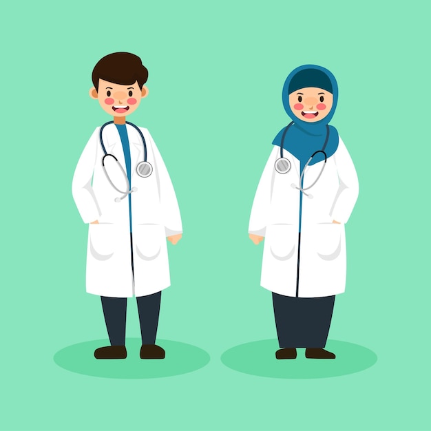 Premium Vector | Cute character man doctor and woman doctor with hijab