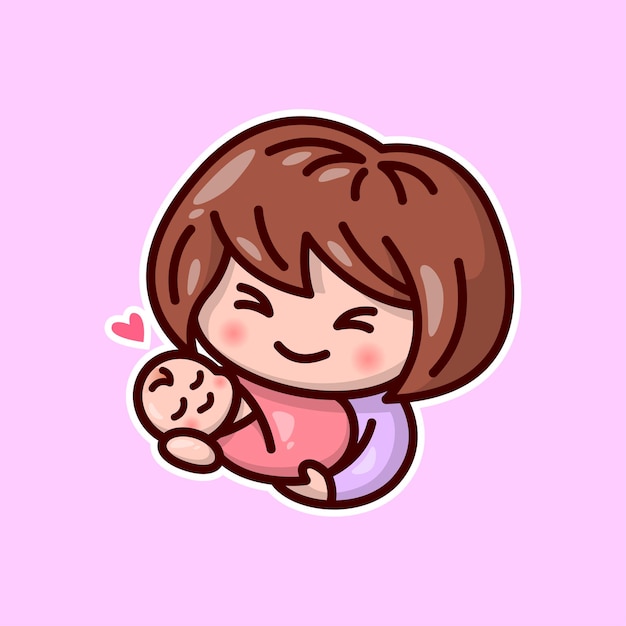 幸せな笑顔で赤ちゃんを運ぶかわいいキャラクターのお母さん バレンタインデーのイラスト プレミアムベクター