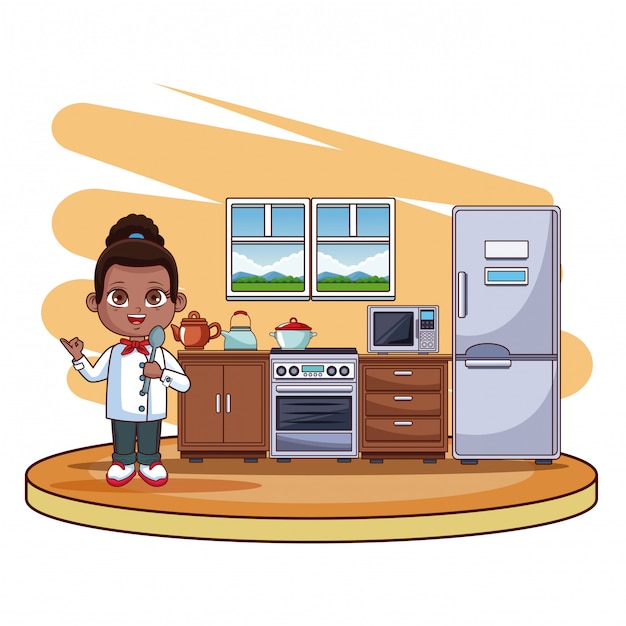 Cute chef girl cooking at kitchen cartoon | Premium Vector