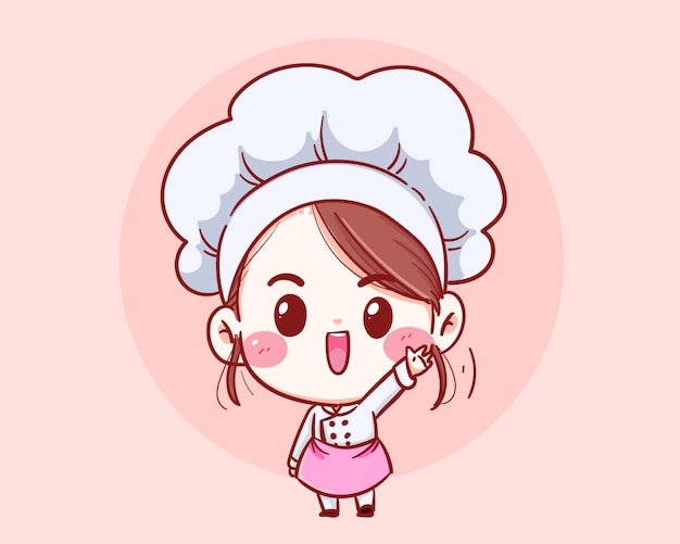 Cute chef girl smiling cartoon art illustration. | Premium Vector