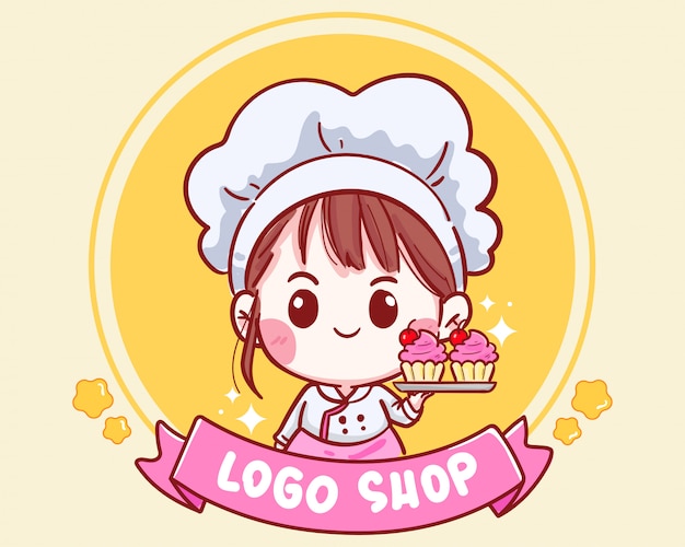 Cute chef holding cherry cupcakes for shop logo Premium Vector