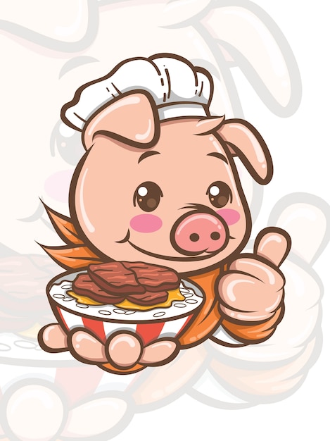 広東の豚肉料理を提示するかわいいシェフの豚の漫画のキャラクター マスコットとイラスト プレミアムベクター