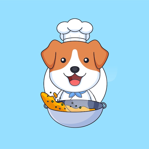 かわいいシェフの子犬犬料理屋台の食べ物使用フライパン動物マスコット漫画ベクトルイラスト プレミアムベクター