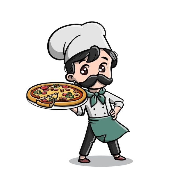 Premium Vector | Cute chef with his pizza cartoon