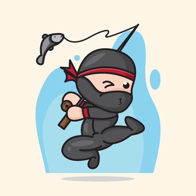 Premium Vector Cute Chibi Ninja Fishing With Style Cartoon Illustration