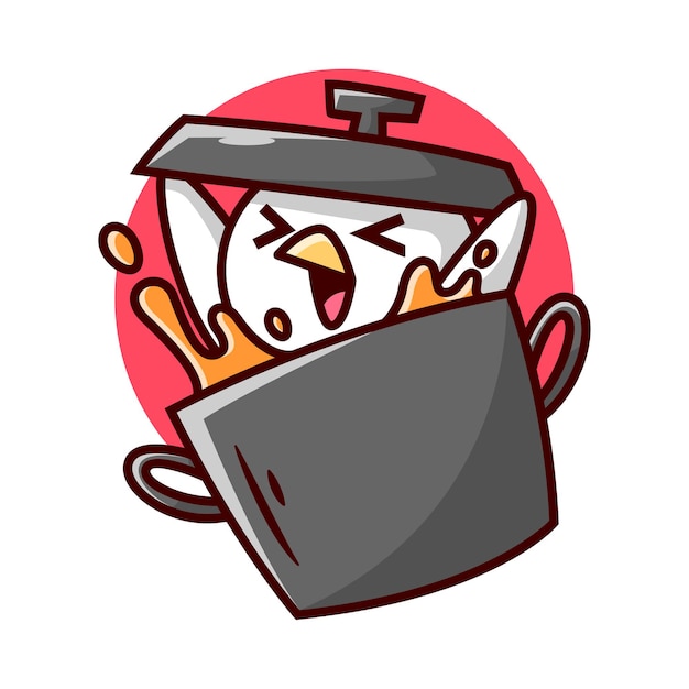 Premium Vector | Cute chicken in a black big pot is smiling and holding