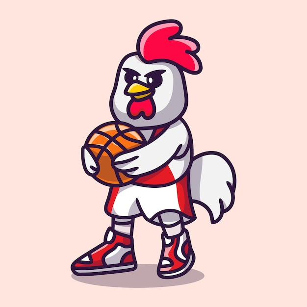 バスケットボールのイラストを遊んでかわいい鶏 プレミアムベクター