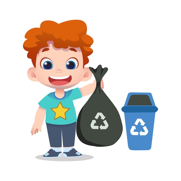 Premium Vector | Cute children character cleaning and recycling garbage