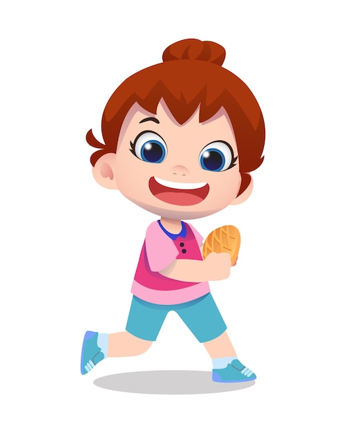かわいい子供たちのキャラクターパンを持っている女の子笑顔漫画イラスト プレミアムベクター