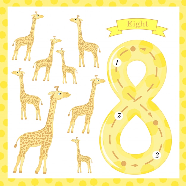 Cute children flashcard number one tracing with 8 giraffes for kids learning to count and to write. Premium Vector