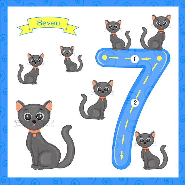 Cute children flashcard number seven tracing with 7 cats for kids ...