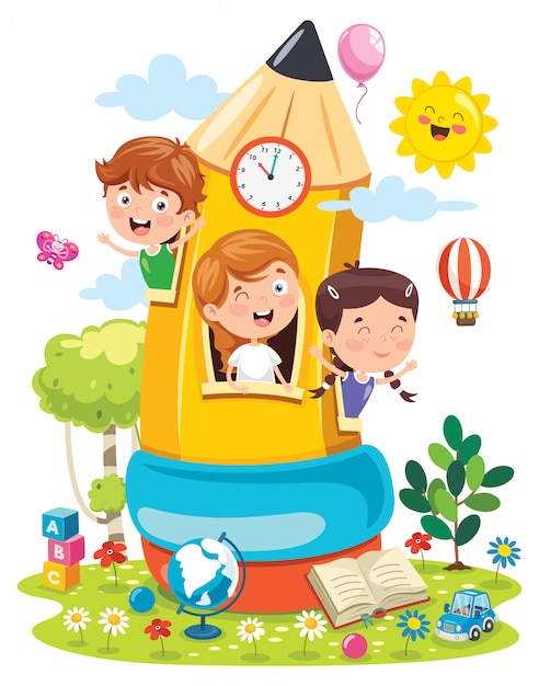 Cute children playing at pencil house Premium Vector