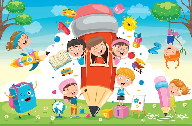 Cute children playing at pencil house | Premium Vector