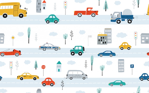 車 信号 白い背景の上の道路標識のかわいい子供たちのシームレスなパターン 漫画のスタイルの高速道路のイラスト プレミアムベクター
