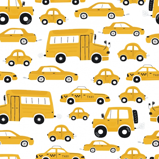 黄色の車とバスのかわいい子供たちのシームレスなパターン 漫画のスタイルの町のイラスト ベクター プレミアムベクター