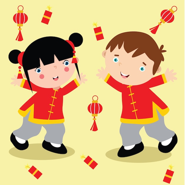 かわいい中国の漫画の子供のイラストセット 中国のグリーティングカードのポスターデザイン プレミアムベクター