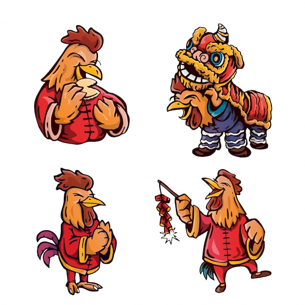 無料のベクター かわいい中国の新年鶏の漫画のキャラクターイラスト