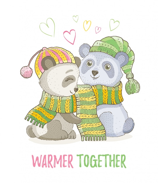 かわいいクリスマス動物 ニットスカーフでパンダのカップルをスケッチします メリークリスマスと新年漫画水彩ベクトルイラスト プレミアムベクター