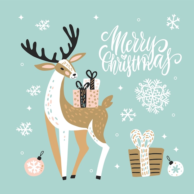 Download Premium Vector Cute Christmas Greeting Card With Reindeer And Gift Boxes PSD Mockup Templates