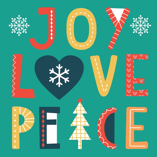 喜び 愛 平和のテキストとかわいいクリスマスの挨拶 プレミアムベクター