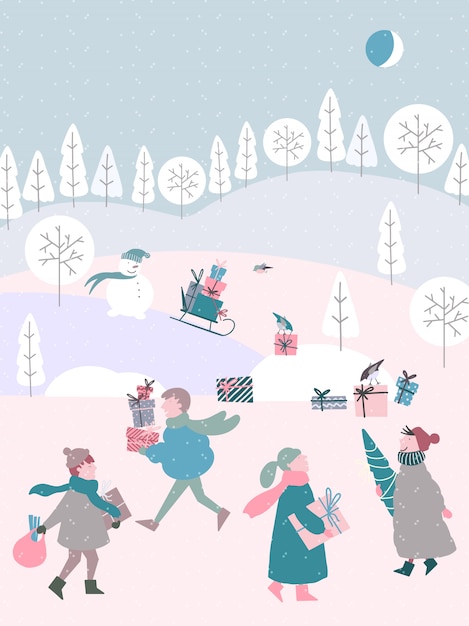 人と冬のシーズンのかわいいクリスマスイラスト プレミアムベクター