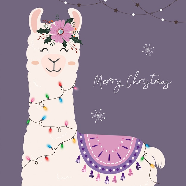 Download Cute christmas llama with christmas lights. Vector ...