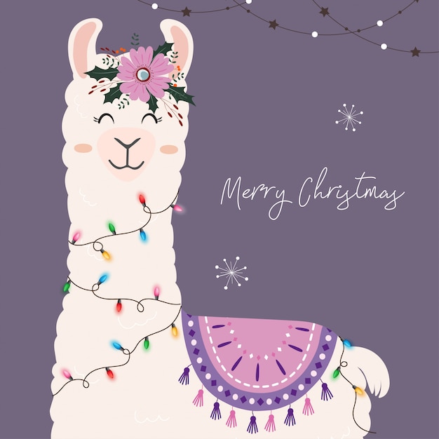 Cute christmas llama with christmas lights. Vector Premium Download