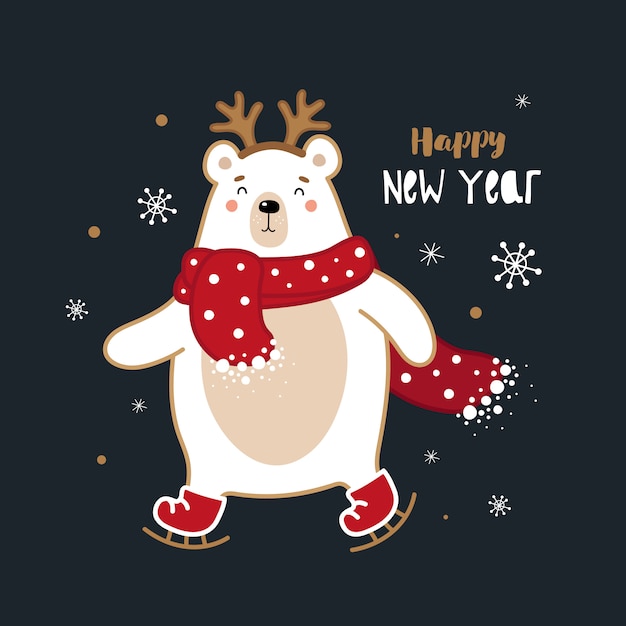 Download Cute christmas polar bear ice skating Vector | Premium ...