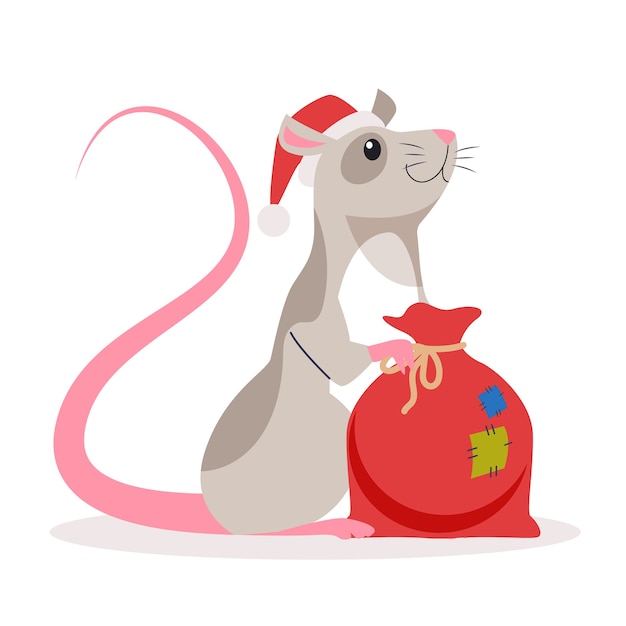 かわいいクリスマスのラット サンタクロースの帽子の動物キャラクター ラットの年 スタイルのイラスト プレミアムベクター