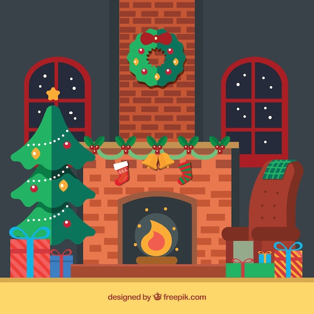 Free Vector | Cute christmas scene background with fireplace