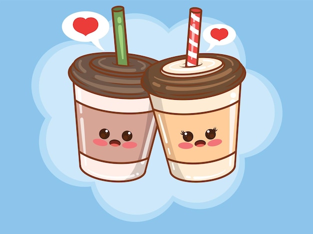 Premium Vector | Cute coffee cup couple concept. cartoon